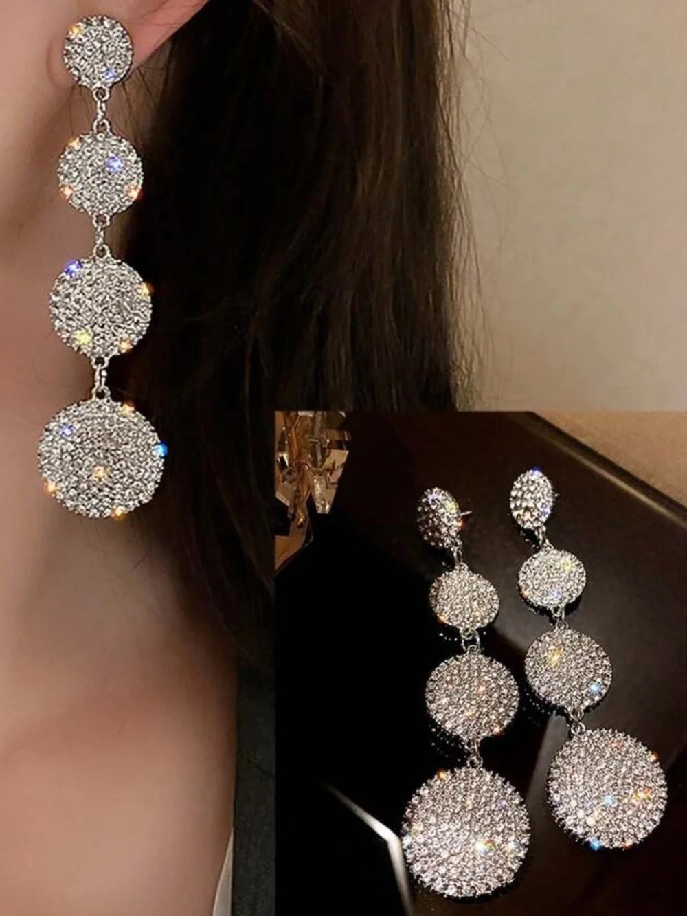 Crystal Rhinestone Long Dangle Earrings - Silver